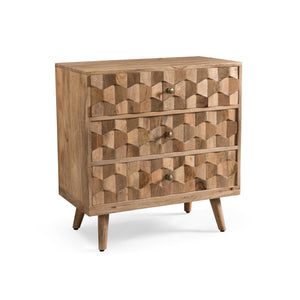English Elm Christopher Knight Home® - Mid-Century Mango Wood 3 Drawer Chest with 3D Tile Weave, Antique Brass Knobs, Natural Finish 66414.00