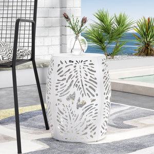 English Elm Metal Cylindrical Accent Table Powder Coated Iron with Tropical Palm Leaf Lattice Design White 73613.00WHI