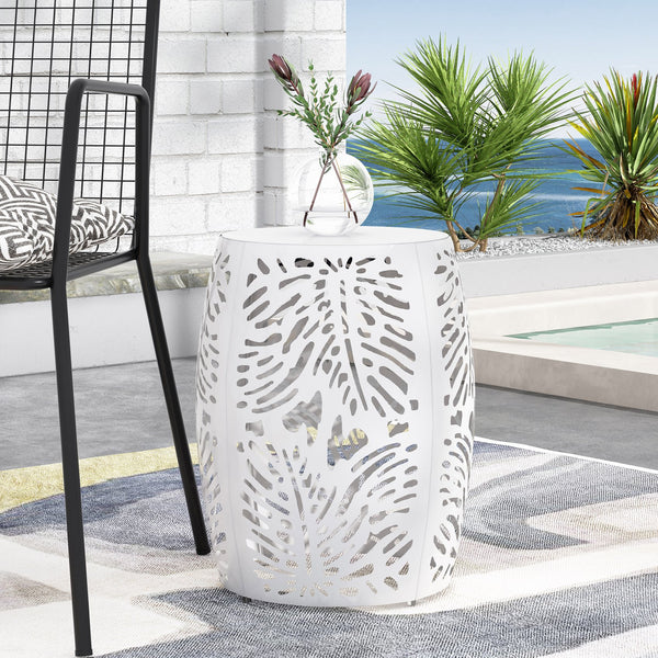 English Elm Metal Cylindrical Accent Table Powder Coated Iron with Tropical Palm Leaf Lattice Design White 73613.00WHI