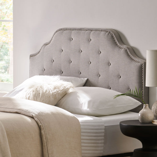 English Elm Tufted Queen Headboard with Nailhead Trim Solid Wood Frame and Adjustable Metal Legs Light Grey 57877.00LGRY