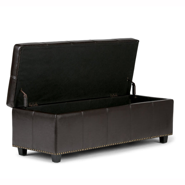 English Elm Kingsley Large Storage Ottoman with Nailhead Trim and Child-Safe Hinge – Faux Leather Bench Seat Dark Brown B136P158176
