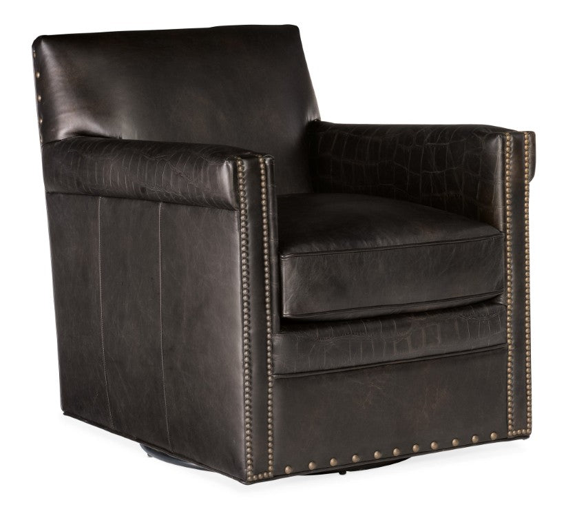 Hooker Furniture Potter Swivel Club Chair With Hand-Wiped Aniline Leather, Nailhead Trim, Vintage Menswear Charm Dark Brown CC719-SW-089