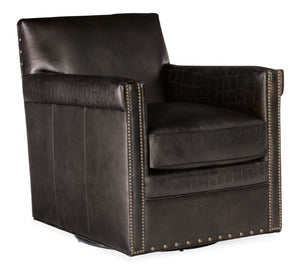 Hooker Furniture Potter Swivel Club Chair With Hand-Wiped Aniline Leather, Nailhead Trim, Vintage Menswear Charm Dark Brown CC719-SW-089