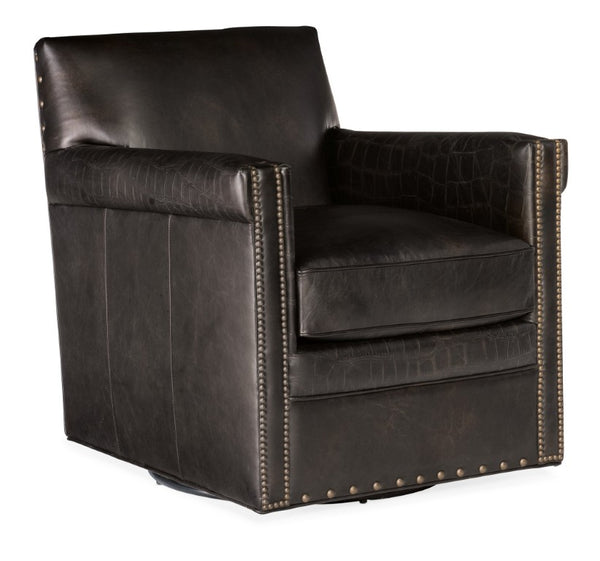Hooker Furniture Potter Swivel Club Chair With Hand-Wiped Aniline Leather, Nailhead Trim, Vintage Menswear Charm Dark Brown CC719-SW-089