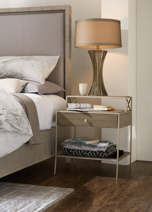Hooker Furniture Elixir Sand-Blasted Walnut Nightstand With Champagne Silver Accents, Drawer & Shelves — Modern Texture 5990-90116-DKW