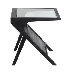 Porter Designs Porter Canberra End Table - Contemporary Black Sandblasted Mango Wood With Elegant Glass Top Display Black Wood 05-108-07-9487