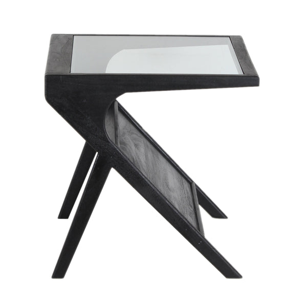 Porter Designs Porter Canberra End Table - Contemporary Black Sandblasted Mango Wood With Elegant Glass Top Display Black Wood 05-108-07-9487