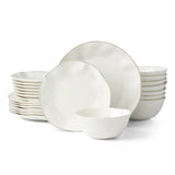 Blue Bay Elegant White 24-Piece Porcelain Dinnerware Set with Gold Trim, Dishwasher Safe