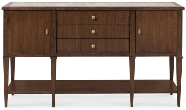 Hooker Furniture Archives Server — Figured Walnut Sideboard With Castle Grey Marble Top, Satin Brass Hardware, Generous Storage 6123-75907-89