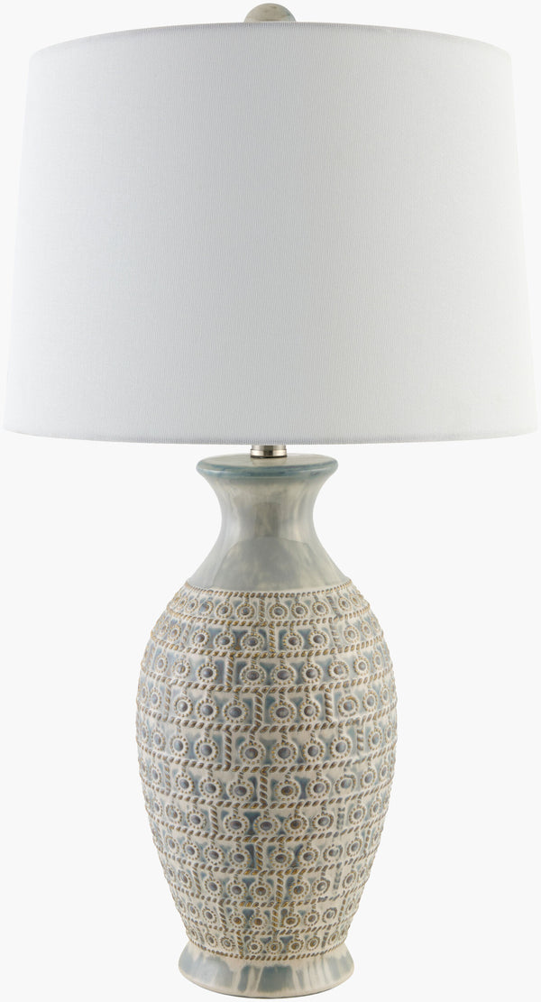 Surya Veroli Rustic Elegance 23" Accent Table Lamp With Linen Shade & Ceramic Base For Cozy Lighting Body, Gray,Shade, White,Finial, Metallic ,Silver,Harp, Metallic ,Nickel,Cord, Translucent Ceramic,Linen,Polyester,Iron Vrl-001