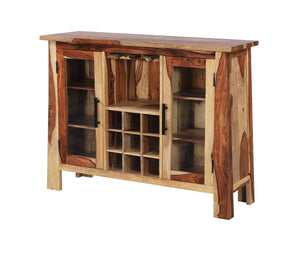 Porter Designs Porter Kalispell Bar Cabinet - Handmade Solid Sheesham Wood With Glass Storage & Metal Accents Natural Wood 07-196-30-2419