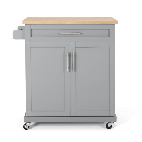 English Elm Christopher Knight Home® - Kitchen Island Cart Grey with Solid Rubberwood Top, Mobile Storage Cabinet, Drawer, Towel Rack, Wheels 67795.00NATGRY