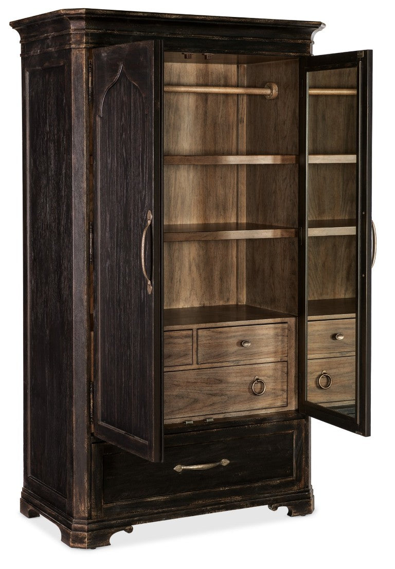 Hooker Furniture Americana Cathedral Oak Wardrobe With Arched Top, Distressed Daisy Finish & Felt-Lined Drawers 7050-90013-89