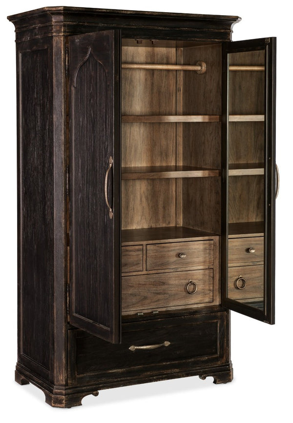 Hooker Furniture Americana Cathedral Oak Wardrobe With Arched Top, Distressed Daisy Finish & Felt-Lined Drawers 7050-90013-89