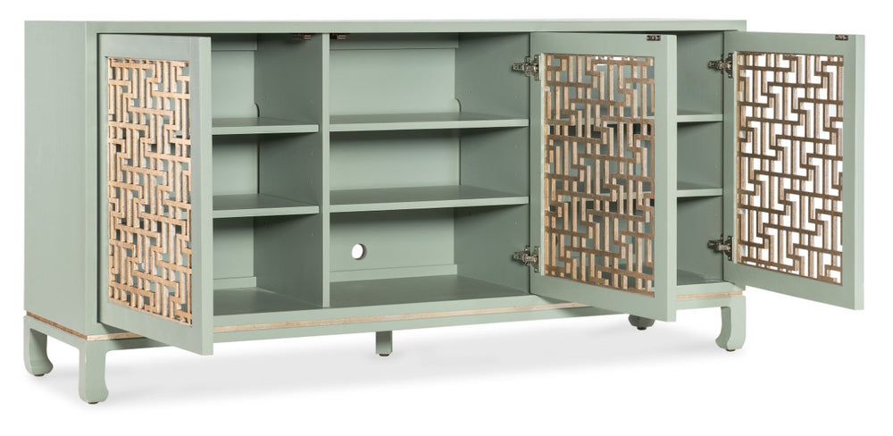 Hooker Furniture Commerce Trellis Entertainment Credenza In Light Green With Silver Leaf Fretwork, Soft-Close Doors, 70" Tv Ready 7228-55036-35