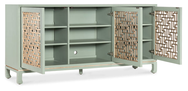 Hooker Furniture Commerce Trellis Entertainment Credenza In Light Green With Silver Leaf Fretwork, Soft-Close Doors, 70" Tv Ready 7228-55036-35