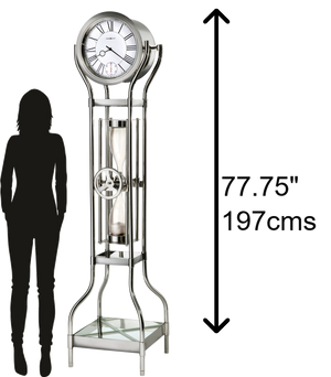 Hekman Furniture 615100 Contemporary Silver Hourglass Floor Clock With Glossy Chrome Finish And Glass Display Shelf  Hourglass Ii Grandfather Clock 615100