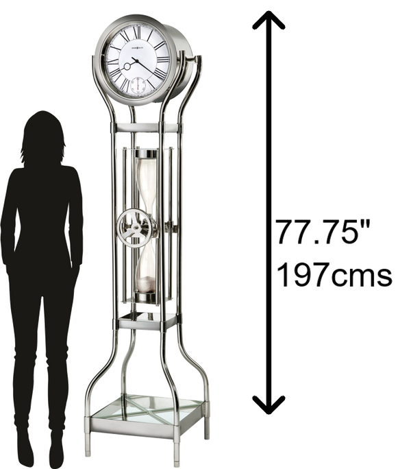 Hekman Furniture 615100 Contemporary Silver Hourglass Floor Clock With Glossy Chrome Finish And Glass Display Shelf  Hourglass Ii Grandfather Clock 615100