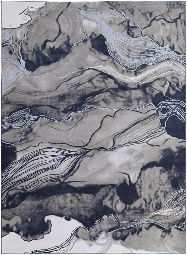 Feizy Rugs Gaspar Low Pile Abstract Rug - Stunning Watercolor Design, Fade And Stain Resistant For Busy Homes Blue,Gray,Ivory Polypropylene,Polyester 78739ktfgryblup18