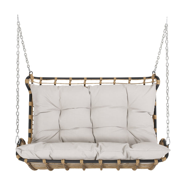 English Elm Christopher Knight Home® - ARRUDA Wicker Porch Swing with Water-Resistant Cushions, Iron Frame, Boho Outdoor Hanging Seat, 800 lb Capacity Brown+Beige 70653.00BGE