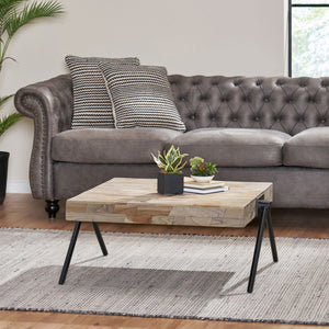 English Elm Christopher Knight Home® - Mango Handcrafted Mango Wood Coffee Table with Grey Finish, Iron V-Legs, Industrial Modern Centerpiece 69062.00