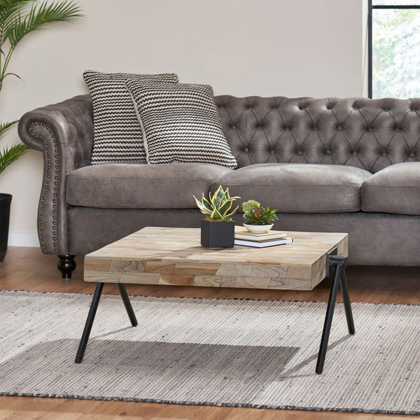 English Elm Christopher Knight Home® - Mango Handcrafted Mango Wood Coffee Table with Grey Finish, Iron V-Legs, Industrial Modern Centerpiece 69062.00