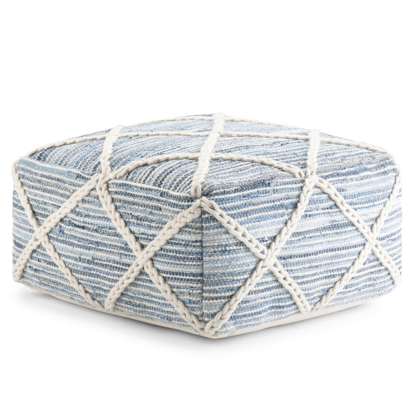 English Elm Cowan Handcrafted Square Pouf in Blue and Natural Woven Wool-Cotton with Diamond Stitching, Supportive Seat (20") Light Blue B136P159312