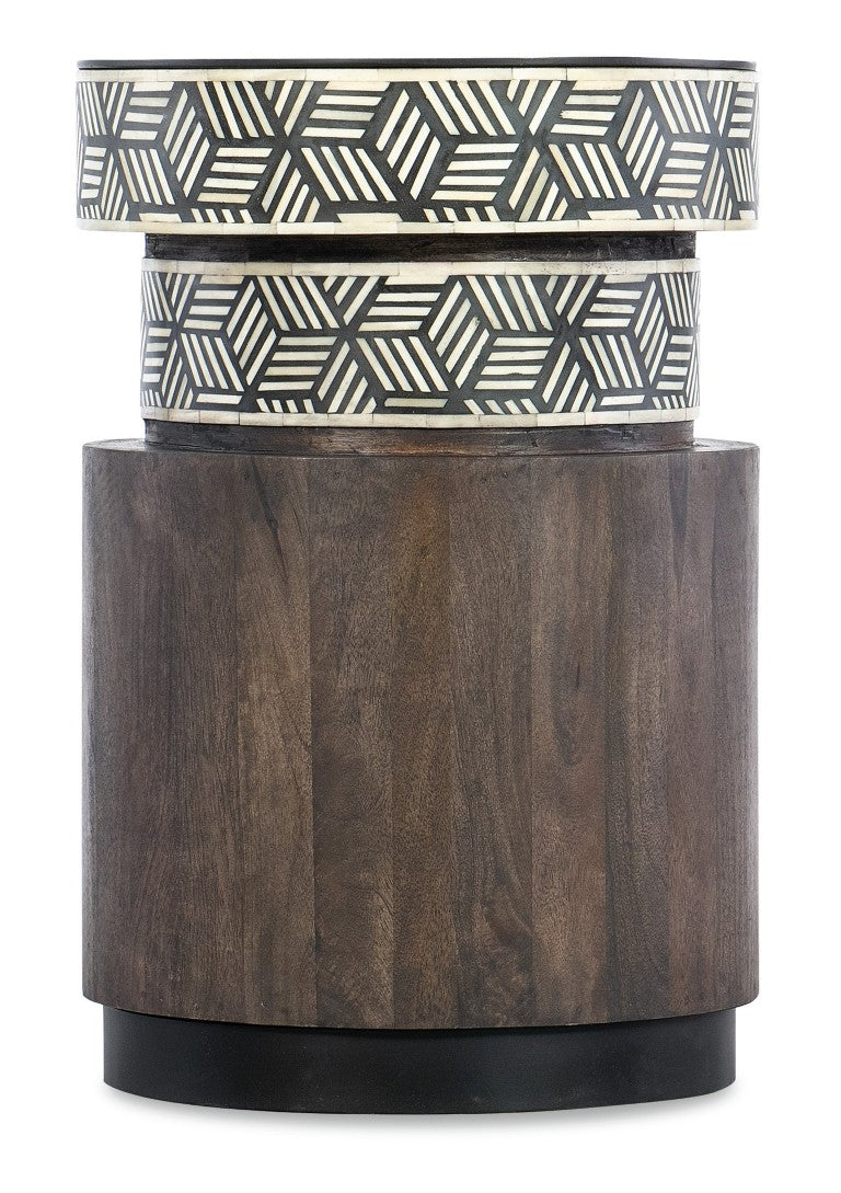 Hooker Furniture Commerce Exotic Mango Wood Round Side Table With Black Top, Bone Inlay Accents & Iron Base, 24" H 7228-50700-89