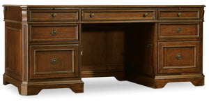 Hooker Furniture Brookhaven Distressed Cherry Executive Desk With Bonded Leather Top, Column Carvings & Locking Files 281-10-583