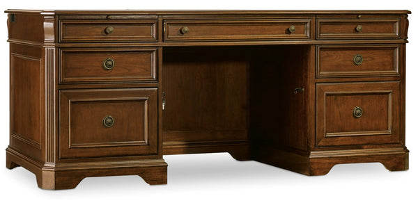 Hooker Furniture Brookhaven Distressed Cherry Executive Desk With Bonded Leather Top, Column Carvings & Locking Files 281-10-583