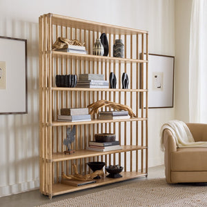 Hooker Furniture Retreat Slatted Bookcase With Curved Sides & Rope Accents — Dune Oak Veneer, Freestanding Display Shelf Light Wood 6950-10446-80