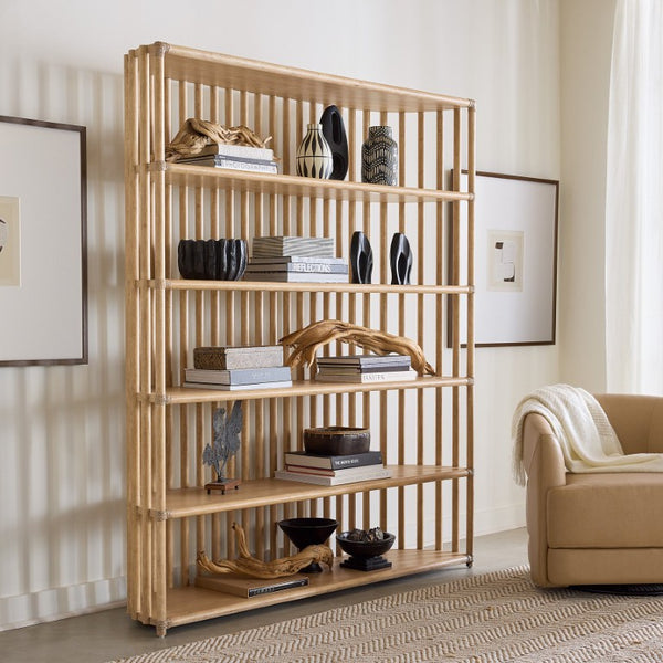 Hooker Furniture Retreat Slatted Bookcase With Curved Sides & Rope Accents — Dune Oak Veneer, Freestanding Display Shelf Light Wood 6950-10446-80