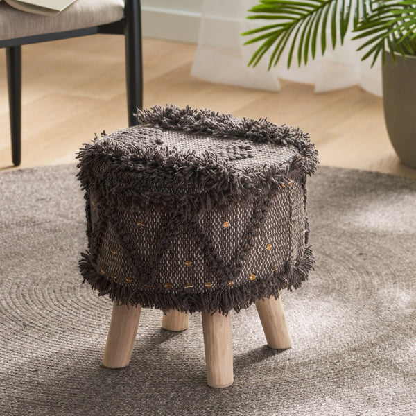 English Elm Christopher Knight Home® - ROJA Handcrafted Wool & Cotton 16x16 Boho Foot Stool with Eucalyptus Wood, Dark Brown Tufted Accent 63546.00DBRN