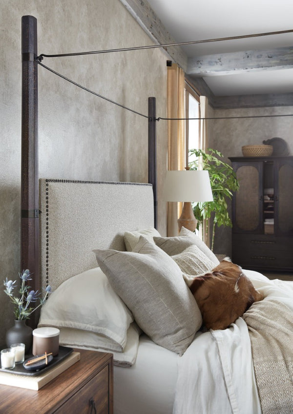Hooker Furniture Big Sky King Poster Bed With Canopy Charred Timber Linen Headboard Nail-Trim Rustic Statement Frame Medium Brown 6700-90666-98