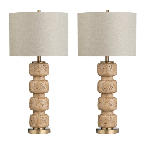 Crestview Collection 29"H Elegant Travertine Look Resin Table Lamp With Gold Accents & Oatmeal Linen Shade, 3-way Socket   Cvazvp126