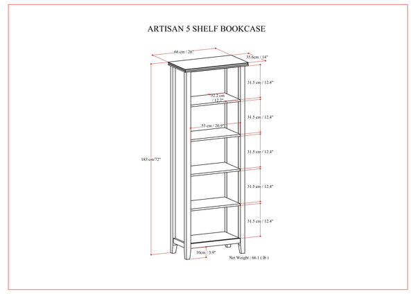 English Elm Artisan 5-Shelf Bookcase In Rich Russet Brown - Handcrafted, Adjustable, And Versatile Storage Solution B136P158386
