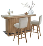 Escape - Dining 78" Bar with 2 upholstered swivel barstools Glazed Natural Oak Black Metal Trim DESC-3PC-78BAR-2530S Parker House