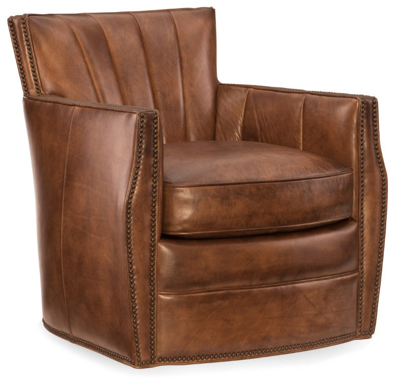 Hooker Furniture Carson Aniline Top-Grain Swivel Club Chair In Warm Brown Leather With Fan Back, Nailhead Trim & Comfort CC492-SW-086