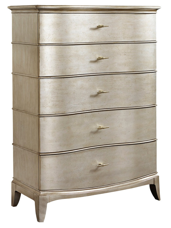 A.R.T. Furniture Starlite Drawer Chest - Glamorous Serpentine Design With 5 Storage Drawers & Aged Silver Finish Silver, Silver Parawood Solids,Primavera Veneer,Metal 406150-2227