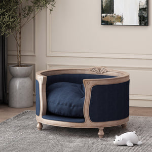 English Elm Pet Bed with Tufted Cushion Solid Birch Turned Legs Upholstered Living Room Sofa Style Navy Blue 72913.00NBLU