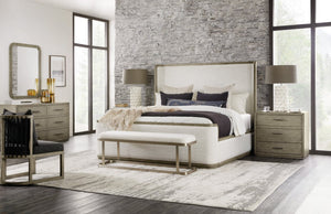 Hooker Furniture Linville Merino Pearl Upholstered Shelter Bed With Mink Wood Trim — Modern Sleigh Design, Durable Comfort 87.00 L x 82.75W x 65.25H 6150-90466-85