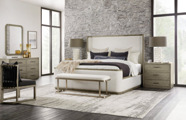 Hooker Furniture Linville Merino Pearl Upholstered Shelter Bed With Mink Wood Trim — Modern Sleigh Design, Durable Comfort 87.00 L x 82.75W x 65.25H 6150-90466-85