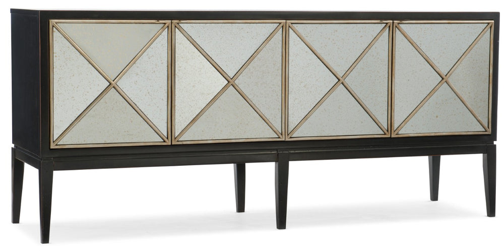 Hooker Furniture Melange Jova Four-Door Credenza With Antique Mirrored Glass, Mixed Metal Fretwork & Soft-Close Doors 638-85306-CHP