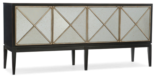 Hooker Furniture Melange Jova Four-Door Credenza With Antique Mirrored Glass, Mixed Metal Fretwork & Soft-Close Doors 638-85306-CHP