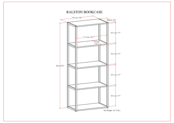 English Elm Ralston Rustic Acacia Bookcase with 4 Shelves & Black Metal Frame, Aged Brown Finish, 72"H B136P159422