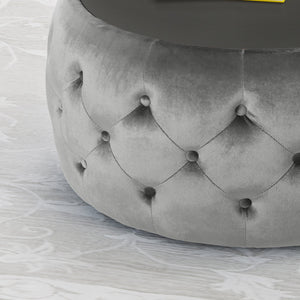 English Elm Ottoman Round Velvet Tufted Diamond Stitch Glass Top Modern Glam Living Room Accent 62732.00SMOK