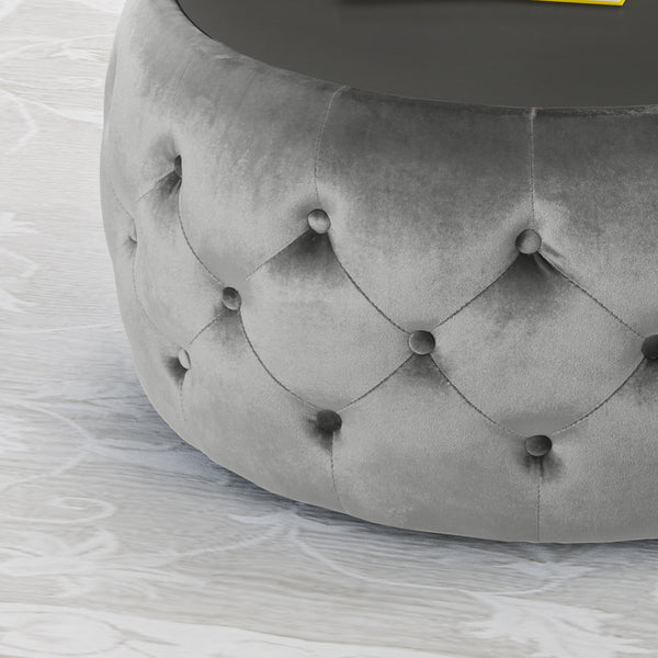 English Elm Ottoman Round Velvet Tufted Diamond Stitch Glass Top Modern Glam Living Room Accent 62732.00SMOK