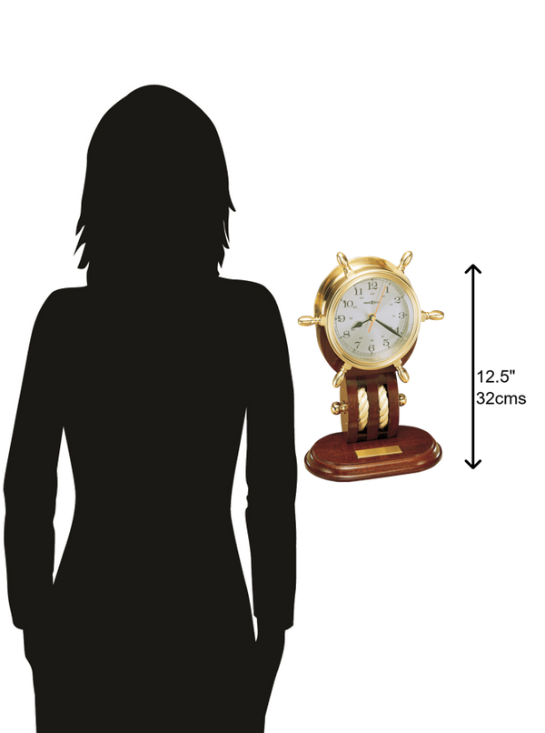 Hekman Furniture 613467 Nautical Britannia Table Clock - Ship Wheel Design With Mahogany Base & Engravable Plate Polished Brass Britannia Tabletop Clock 613467