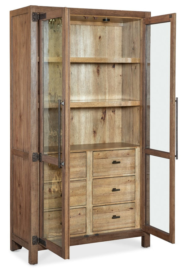Hooker Furniture Vineyard Pecky Hickory Display Cabinet With Seeded Glass, Two-Tone Finish, Soft-Close Drawers & Lighting 6952-75906-85