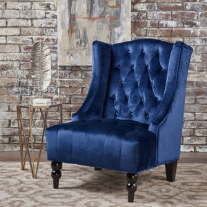 English Elm Christopher Knight Home® - High-Back Velvet Wingback Club Chair, Button-Tufted Diamond Stitching, Navy Blue, Turned Legs 55038.00NVLTNBL